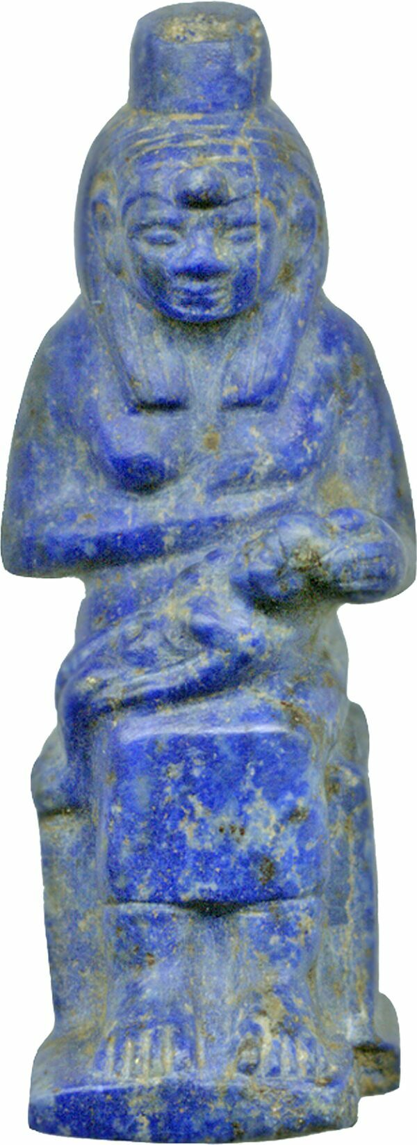 An Egyptian lapis lazuli amulet representing the goddess Isis seated on a throne